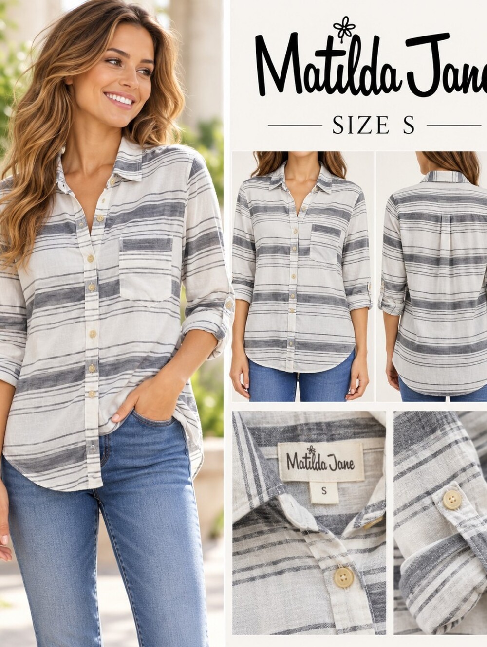 Matilda Jane Cream and Gray Striped Girls' Button-Down Shirt